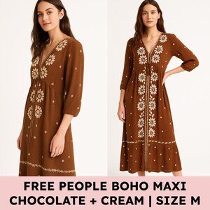 Anthropologie Embroidered Rayon Boho Maxi Dress Brown Cream Festival Cottagecore